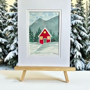 Hand-Made New Watercolor Art Cozy Red Hut in the Mountains